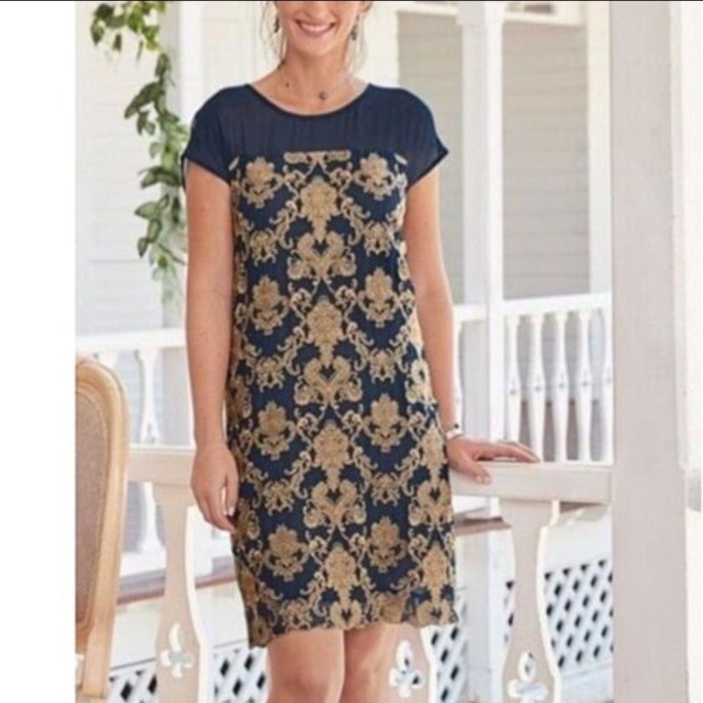 Sundance navy blue gold-tone embroidery formal evening knee length dress